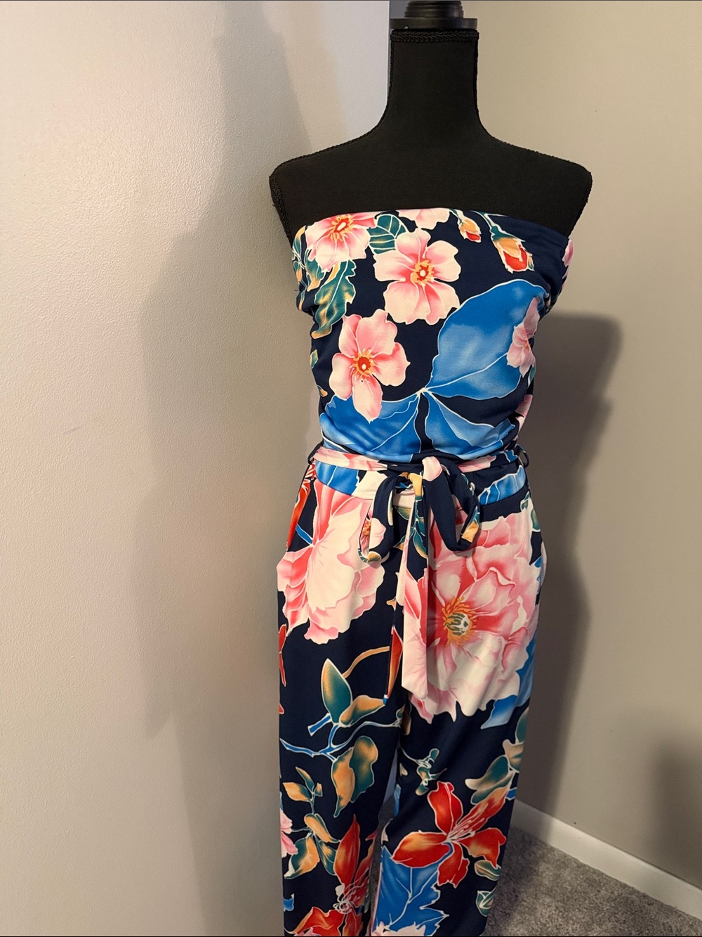 Veronica M Floral Strapless Jumpsuit in Navy and Pink